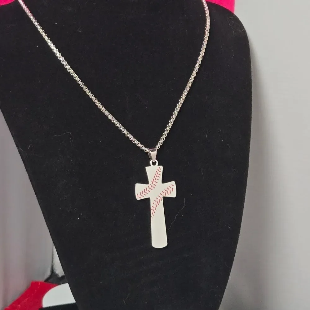 Baseball Cross Necklace Philippians 4:13 Stainless Steel 24